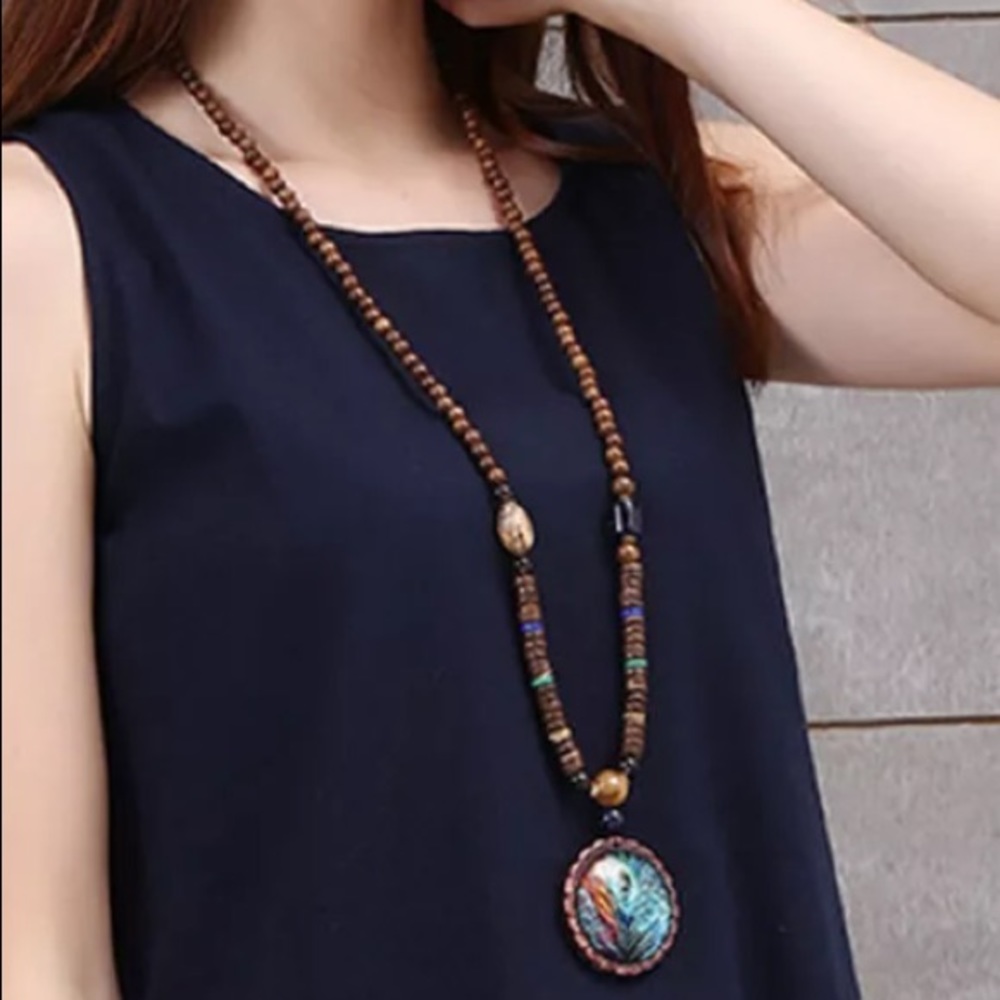 Bohemian wood bead vintage rainbow pendant feather peacock necklace festival - Picture 2 of 2